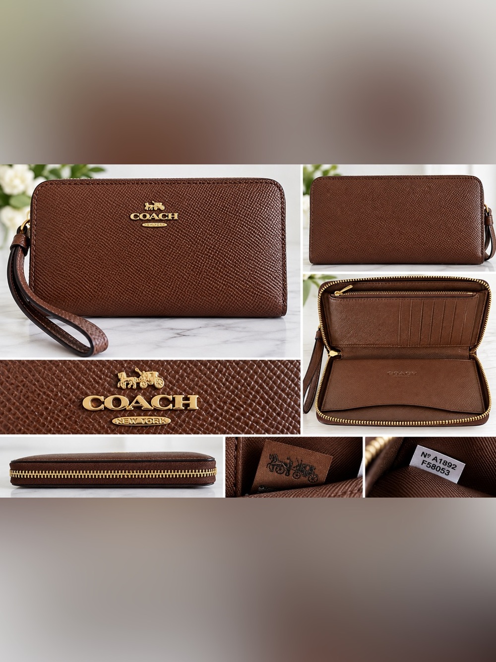 Coach F58053 Brown Crossgrain Leather Zip Around Wristlet Wallet Gold Hardware